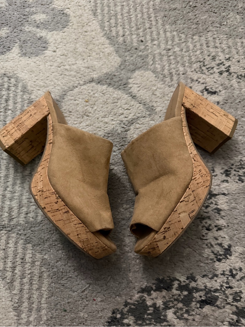 Women's Tan Faux Suede Cork Block Heel Mules size 8